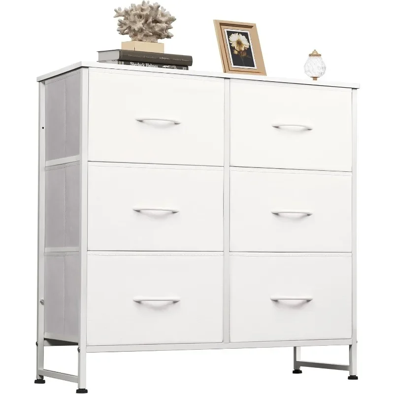 

White Dresser for Bedroom, 6 Drawer Double Dresser, Fabric Storage Tower with Fabric Bins, Chest of Drawers for Closet