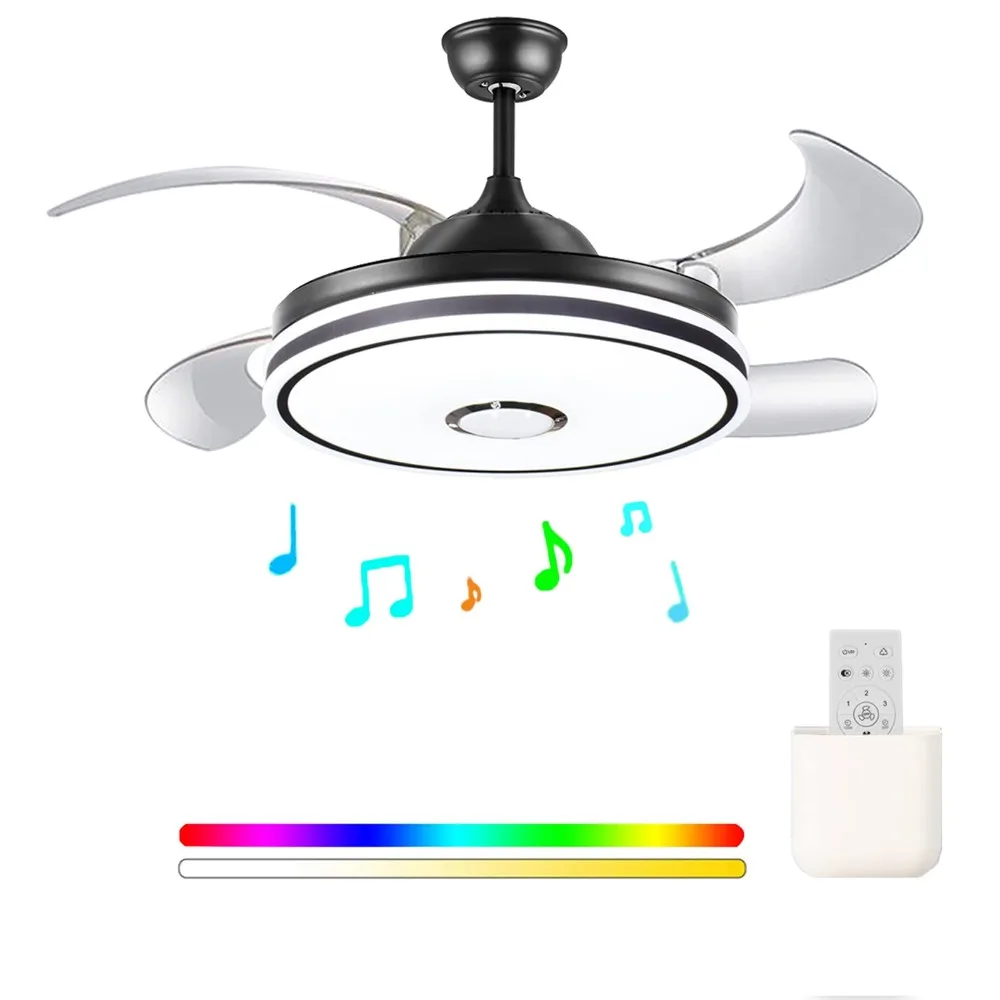 

2024 New Ceiling Fan with Light with Bluetooth Speaker, 42 Inch Music Black Invisible Blades Hidden Bluetooth Ceiling Fan