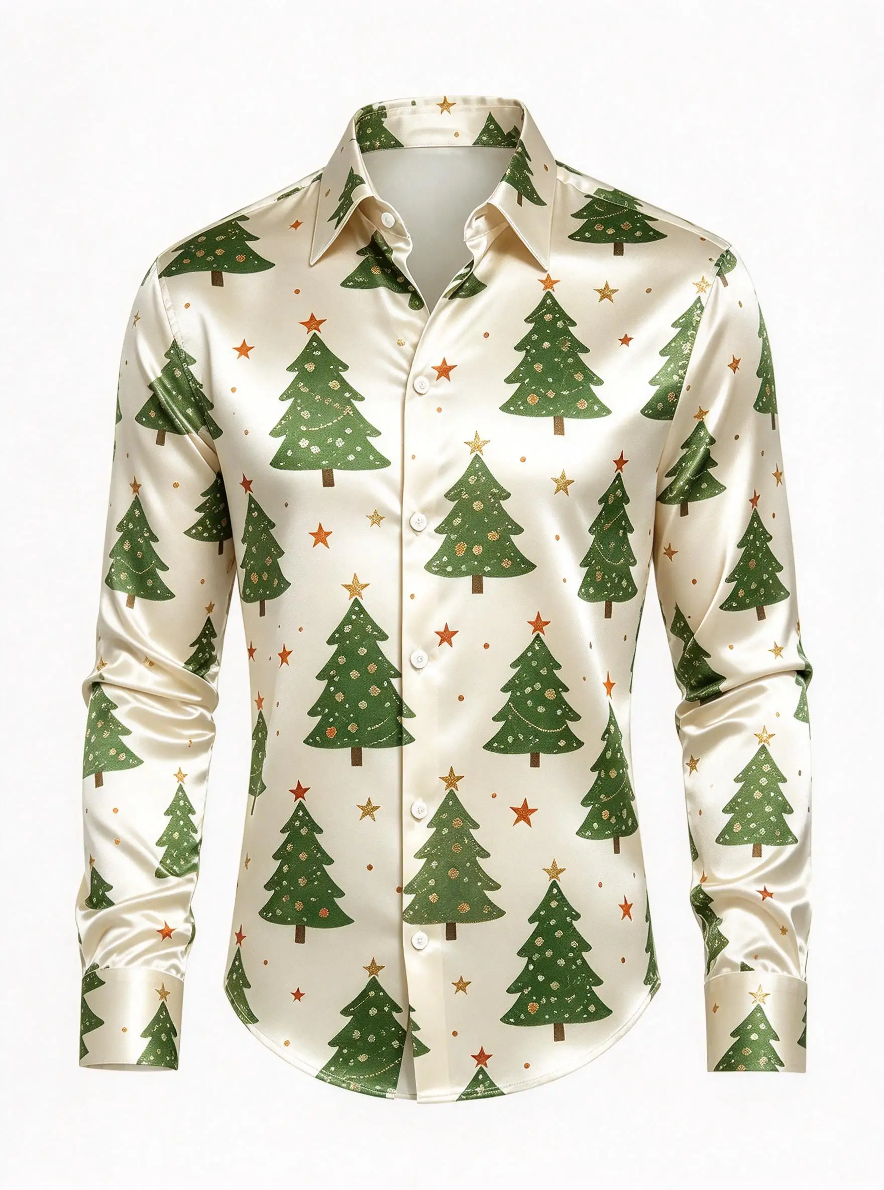 Men Long Sleeve Satin Shirt Cream Christmas Tree Star Print Turn Down Collar Button Up Party