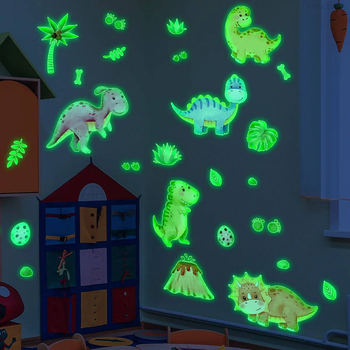 Glow-in-the-Dark Dinosaur & Ocean Animal Wall Decals - Cartoon Underwater Adventure for Kids' Room & Living Room