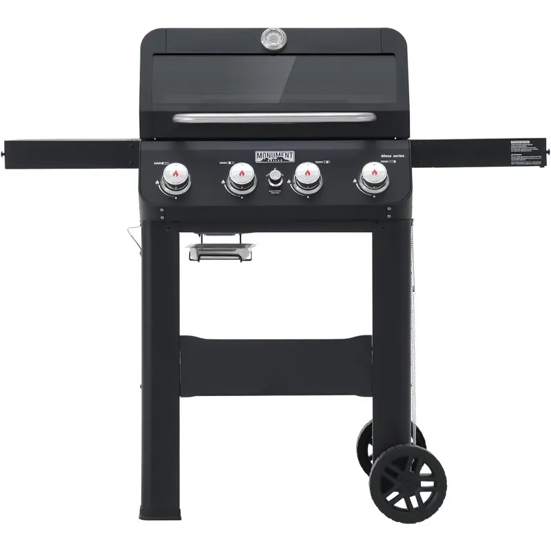 Monument Grills 4-Burner Liquid Propane Gas Grill, Black Stainless Steel Grill with Clearview® Lid and One Foldable Shelve