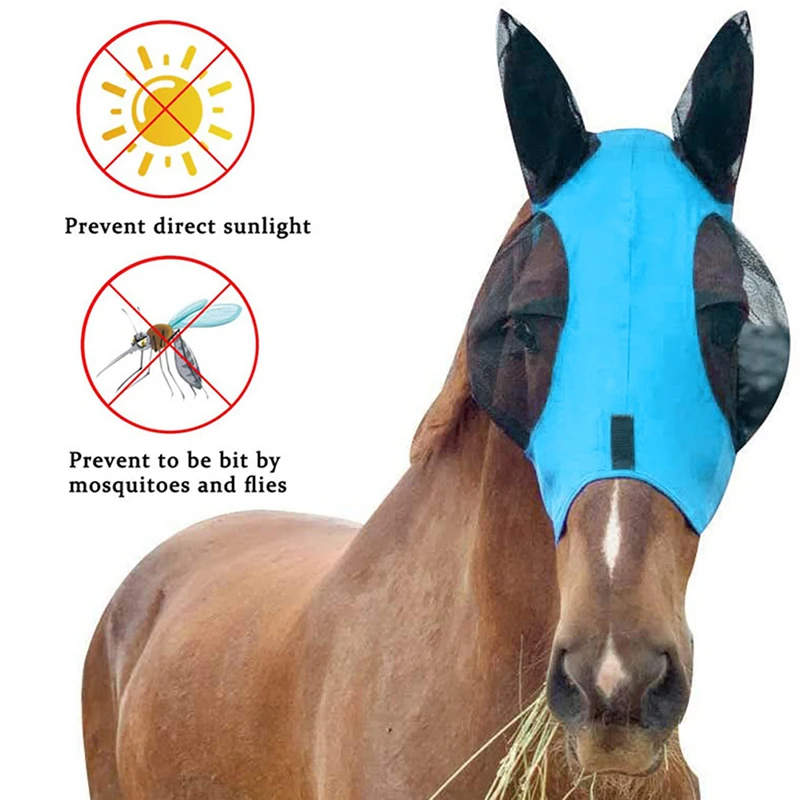 Cavalo Anti-Fly Mesh Equine Mask com orelhas cobertas, nariz longo, Stretch Bug Eye, 1pc