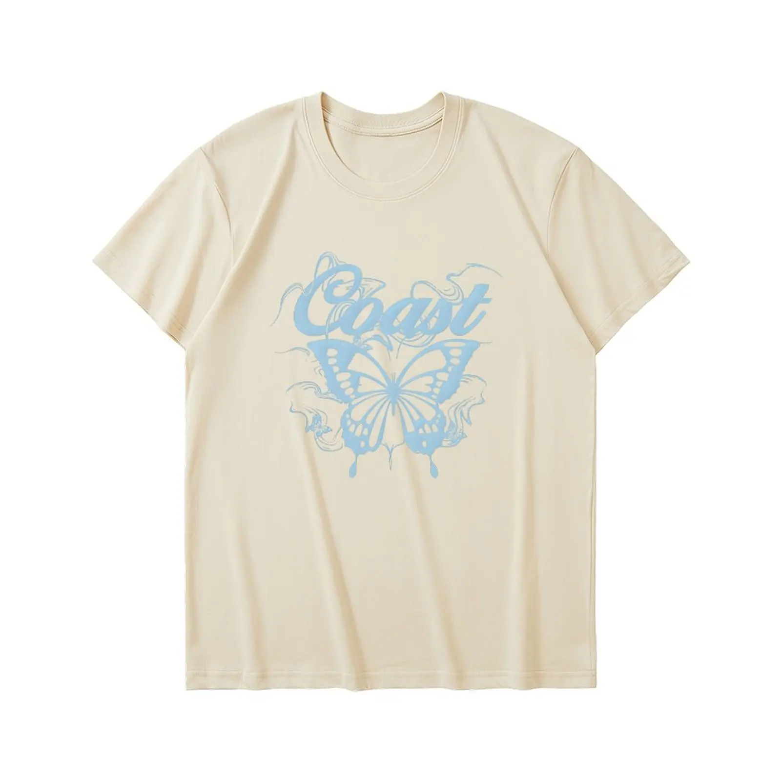 امرأة ملابس تي شيرتات قصيرة الاكمام الكورية بلايز أنثى س الرقبة عادية تي شيرت فراشة طباعة رياضي 2025 Y2K صيف جديد