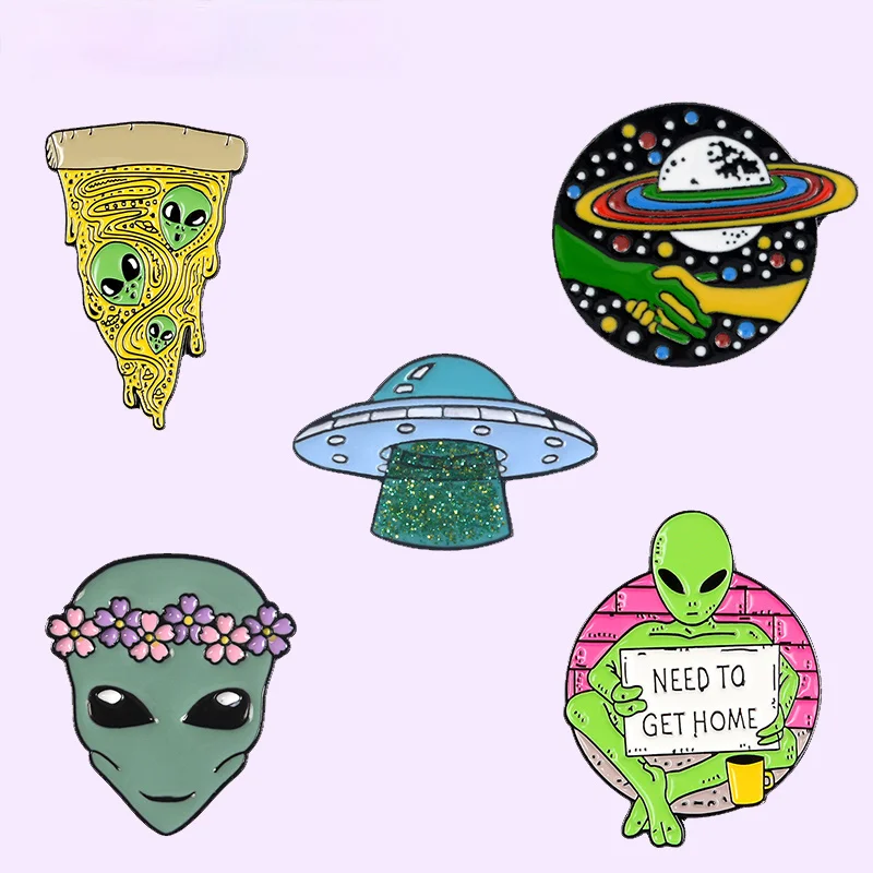 Wholesale Alien Collection Enamel Pins UFO Planet Flower Pizza Alien Brooches Outer Space Universe Cosmic Badges Gift for Friend