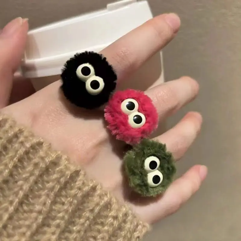 Cute Cartoon Funny Fluffy Doll Big Eyes Winter Rings for Women Women Plush Ball Finger Ring Creative Girls Open Ring Jewelry