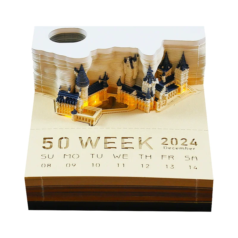 Omoshiroi Block 3D Notepad 2024 Calendar 3D Howarts Castle Led Memo Pad Note Paper Block Notes 3D Office Accessories Xmas Gift