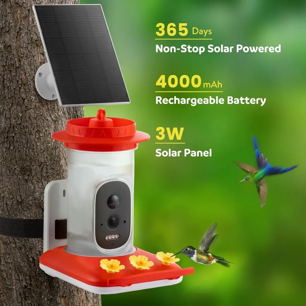 Comedero para colibríes con cámara alimentada por energía Solar, cámara alimentadora de colibrí inalámbrica HD de 2,5 K, identificación AI, captura automática de vídeos para pájaros