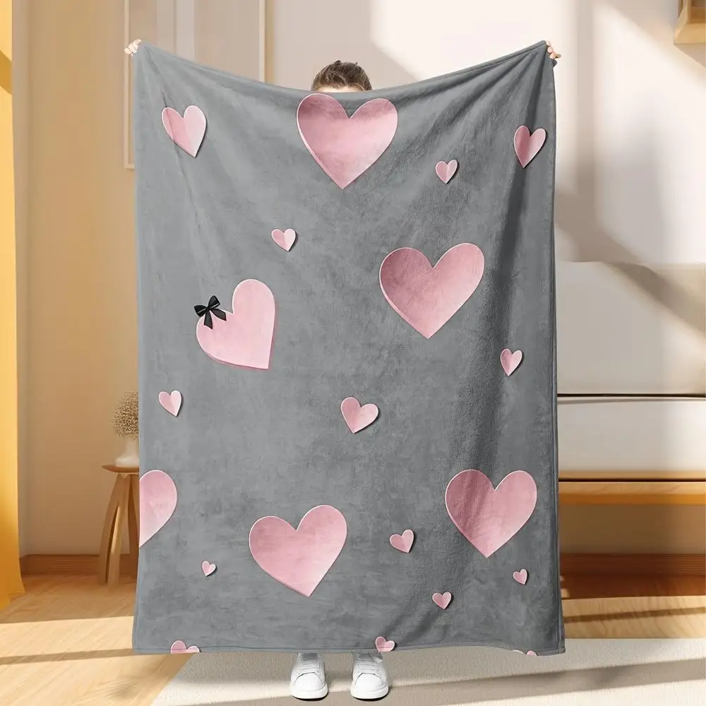 Cute Pink Heart Pattern Fleece Blanket Sweet Valentine Theme Soft Warm Throw Interior Decoration Bedding Cover for Home 40x60