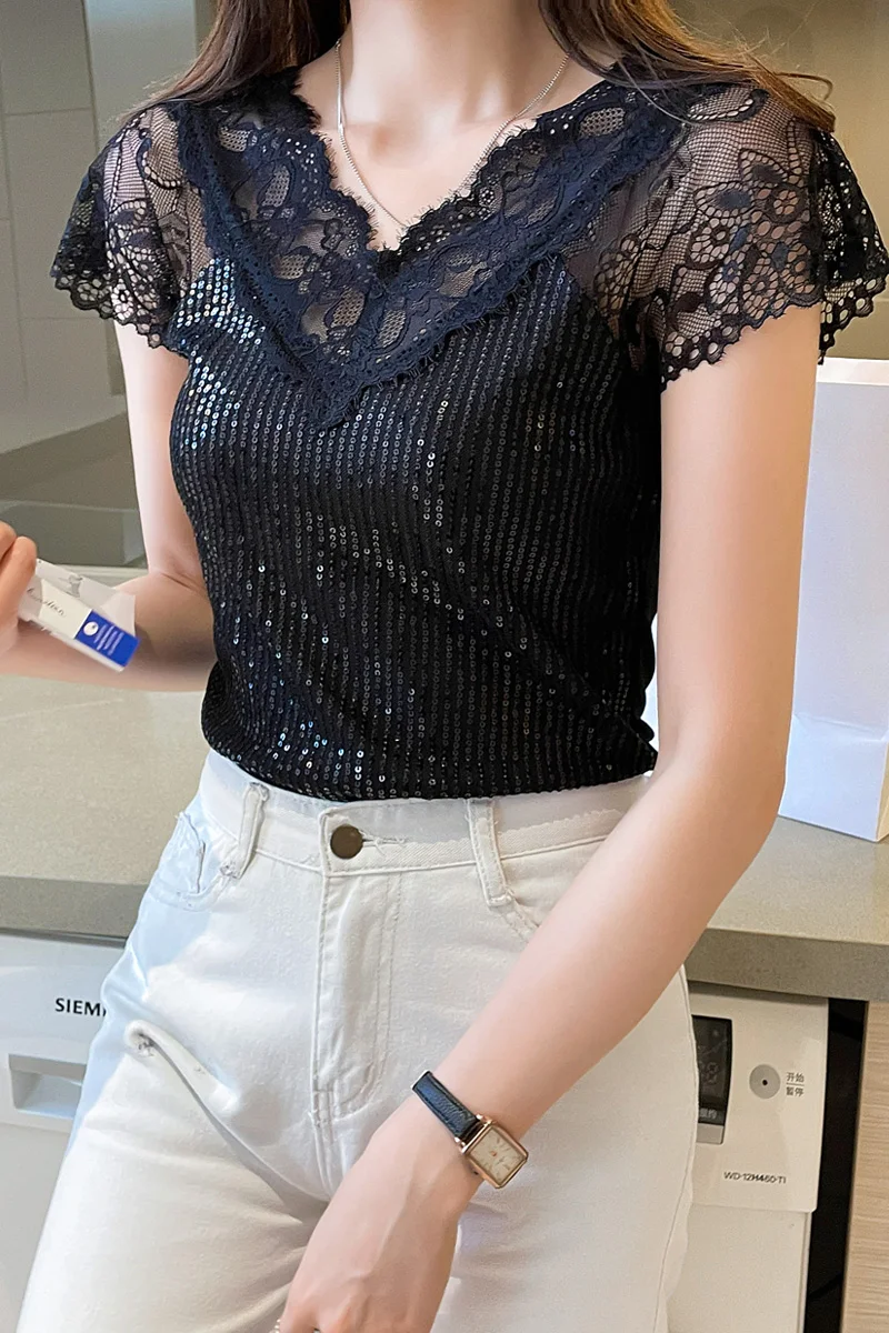 2024 New Arrival Splicing All-match Female Lace Shinny Silk T-shirt Summer Woman M-3XL Short Sleeve V-neck Eye-catching