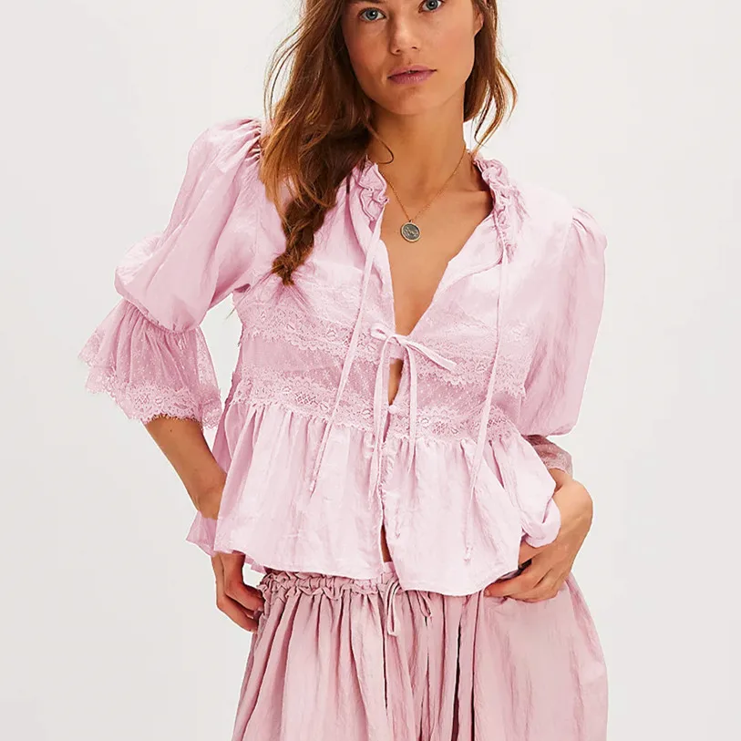 Women's Half Sleeve Loose Shirt Sheer Lace Patchwork Tie-up Bow Peplum Tops for Summer Embroidered Eyelet Peasant Blouses