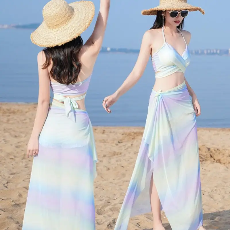 Women's 3 Piece Bikini Set Colorful Striped Swimwear High Waisted Bathing Suit for Beach Resort Hot Spring