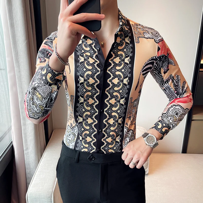 

Luxury Vintage Printed Men's Shirt Long Sleeve Slim Fit Casual Business Dress Social Streetwear Party Tuxedo Blouse M-4XL