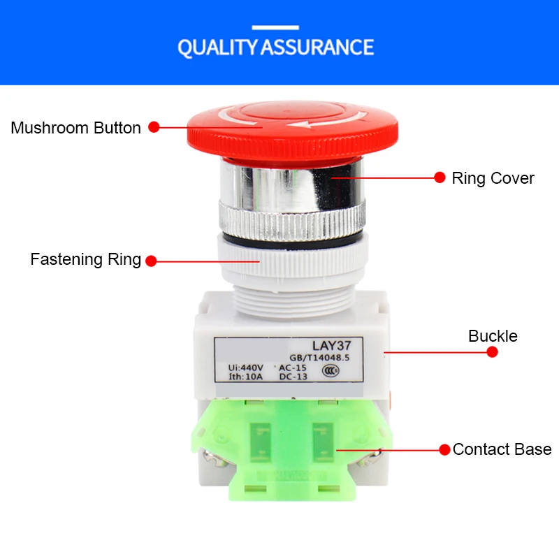 Mushroom Head LAY37 Emergency Stop Push Button Switch Self-lock/Latchiing LAY7 PBC Y090-11ZS Power NO/NC 4 Screw Terminals