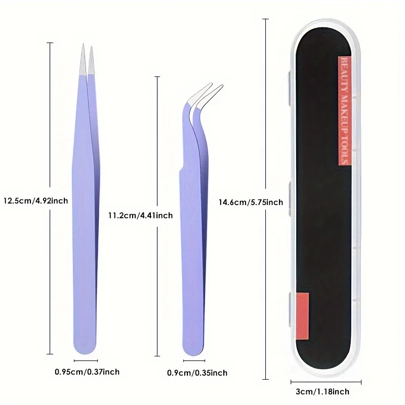 다기능 직선 및 곡선형 스테인레스 스틸 핀셋, 속눈썹 연장 및 이식 도구 2개/세트