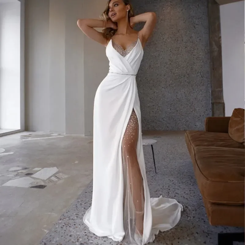 Personalizado 2026 nuevo vestido de novia de mujer con diamantes de imitación 3D de sirena blanca Simple con espalda descubierta y abertura lateral vestido de novia de bola Sexy