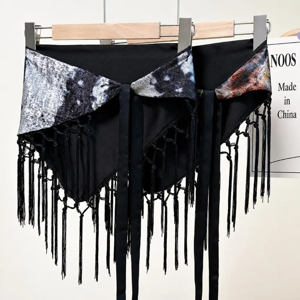 Fashion Leopard Print Triangle Hip Scarf Tie Dye Self-tie Waist Wrap Skirt Fringed Edge Tassel Fringe Wrap Y2K Fashion