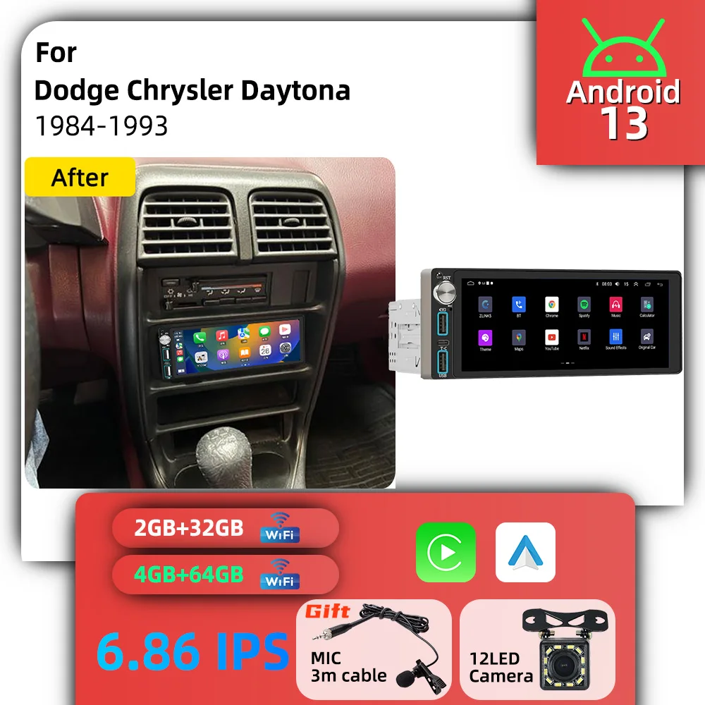 Autoradio Android 1 DIN con Pantalla de 6.86 Pulgadas, Estéreo para Automóvil, para Dodge Chrysler Daytona 1984-1993, Unidad Principal, Multimedia para Automóvil, GPS, Carplay
