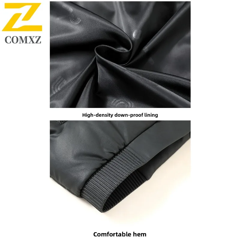 COMXZ Luxurious Short Down Jacket Men Hooded Outdoor Camping Windproof Puffer Jacket Fashion Cycling Winter Leather Down Jacket