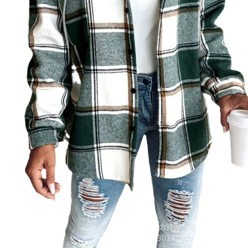 2024 Summer New Women\'s Mid-Length Plaid Hooded Jacket Casual Fashion Shirts Long Sleeve Shacket