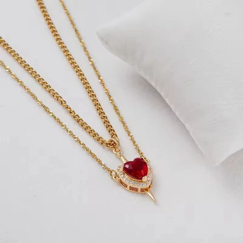 Hot Red Zircon Love Dagger Sword Pendant Collarbone Chain Double Couple Necklace Real Preserved Rose Teddy Bear Mothers Day Gift