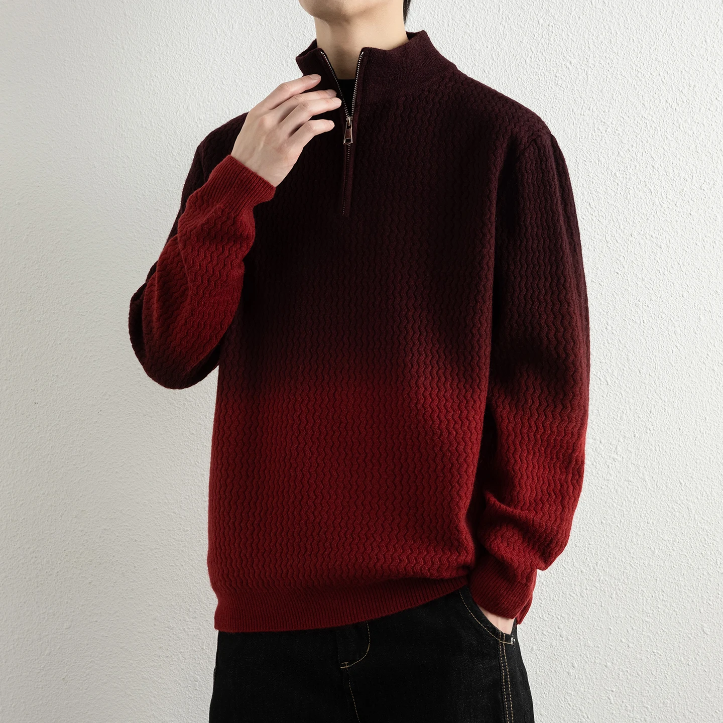 

Мужской вязаный свитер с молнией на фронтальном развороте, воротником-стойкой, градиентным цветом, в стиле ретро, повседневный, премиум-класса, осенне-зимняя новинка