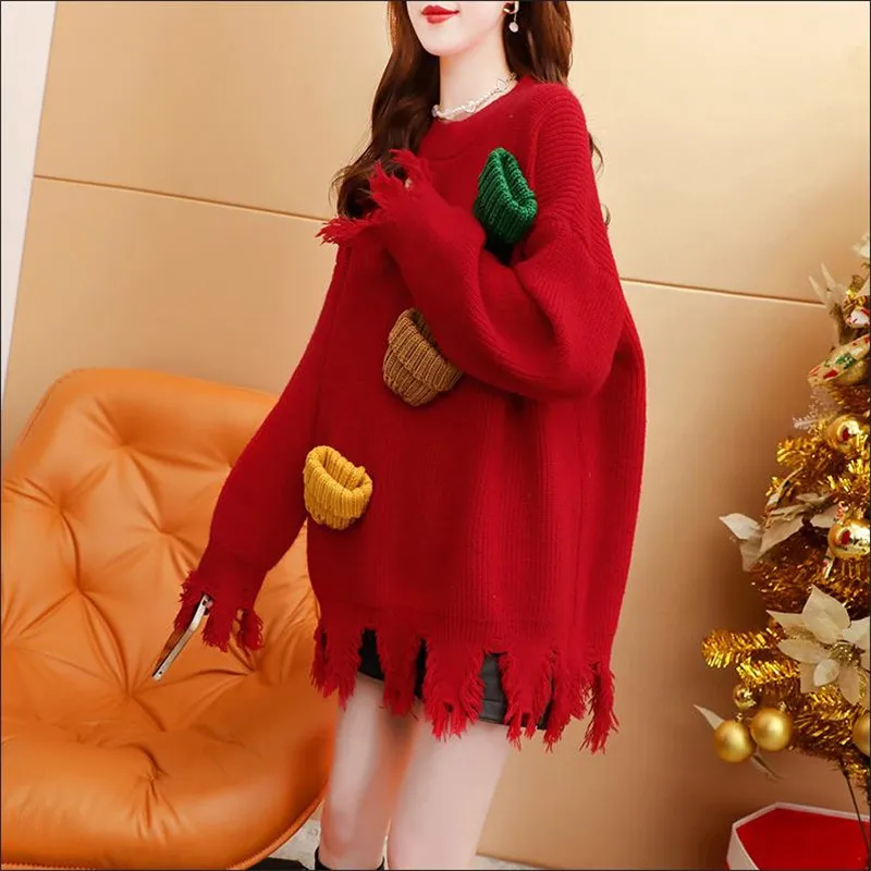 New Korea Pullover Knitted Sweater Women Autumn 2025 O-Neck Knit Three-Dimensional Contrast Hat Fringed Sweater Loose Top Female