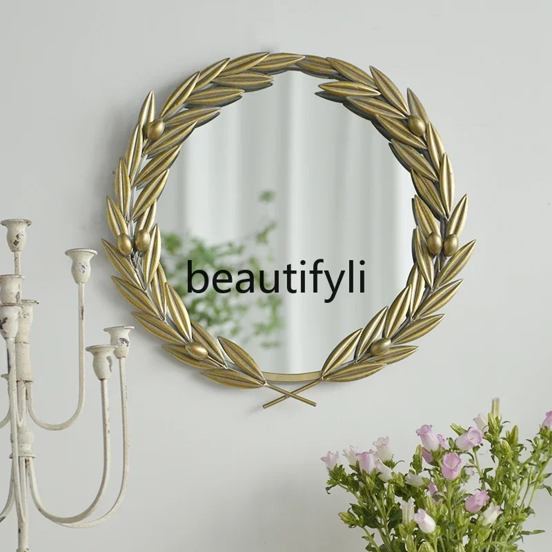 European country style gold wrought iron retro olive branch wall mirror decorative mirror makeup dressing mirror