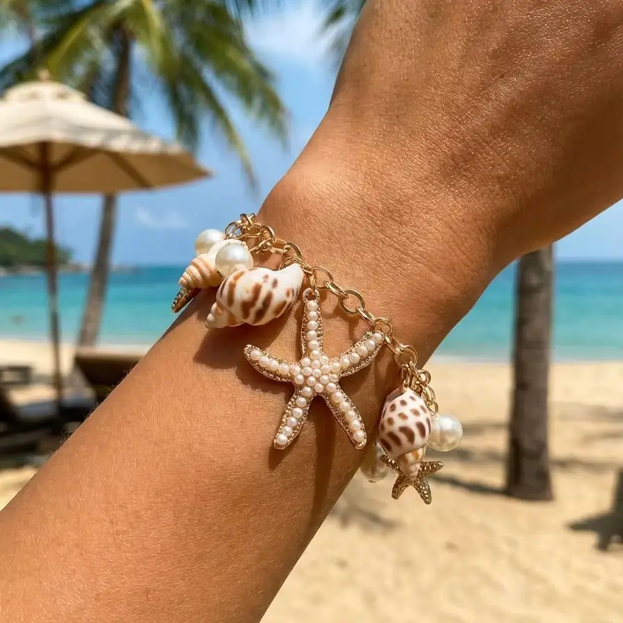 Böhmen handgemachte Muschel Muschel Kette Armband für Frauen elegante Imitation Perle Anhänger Armband Sommer Strand Schmuck Geschenke