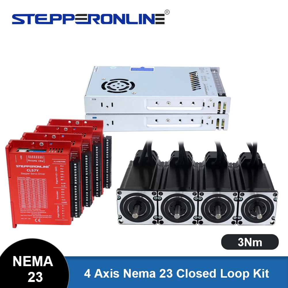 STEPPERONLINE 4 Axis Nema 23 Closed Loop Stepper Motor 3Nm and Hybrid Servo Stepping Driver & 500W 48V Power Supply CNC Kit