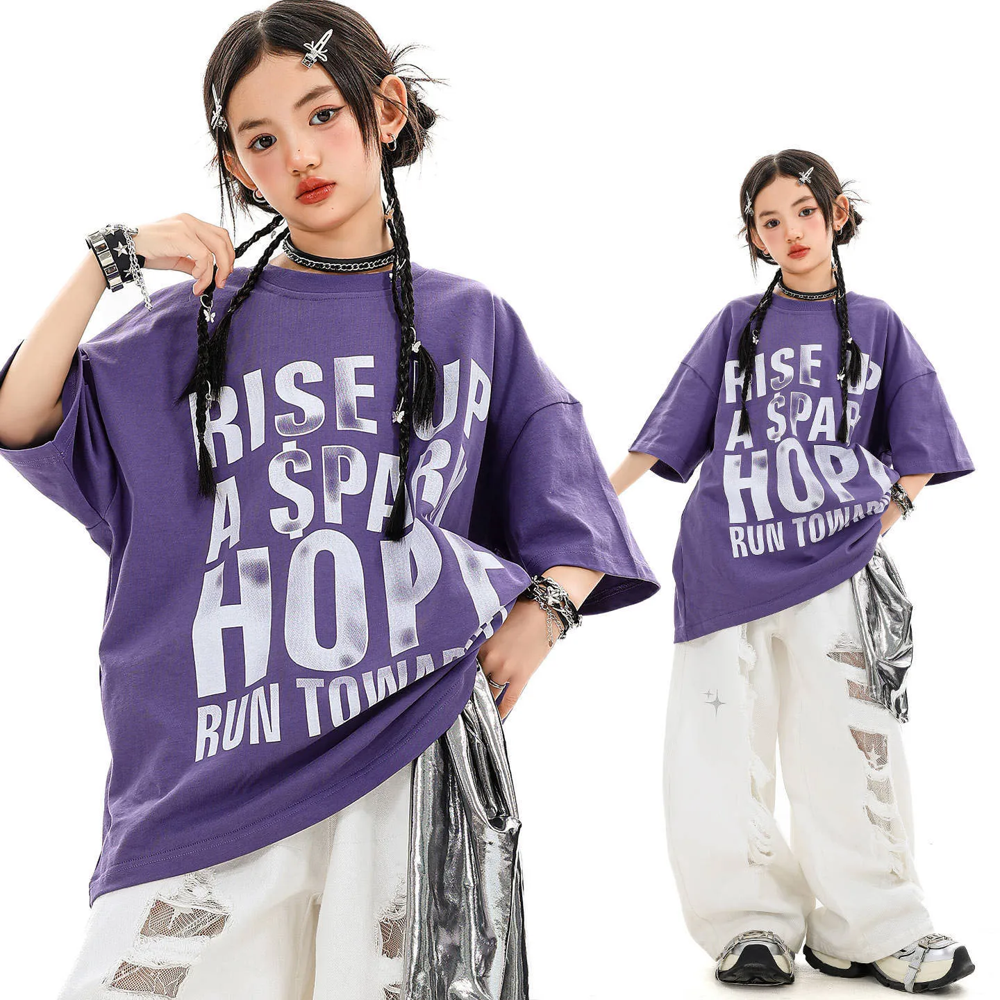

Kid Kpop Hip Hop Clothing Purple Letter T Shirt Top White Casual Wide Ripped Sweat Pants for Girl Boy Jazz Dance Costume Clothes