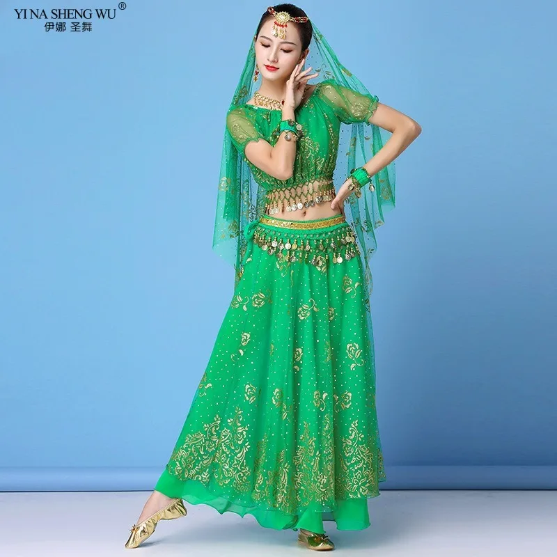 New Bollywood Costume Set danza del ventre Performance Clothes gonna di paillettes in Chiffon Set Costume da ballo indiano per donne adulte