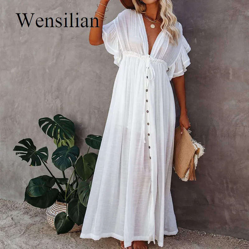 Cintura alta feminina para biquíni, vestido maxi, vestidos longos boho, decote em v, vestido branco sexy, terno de banho, verão