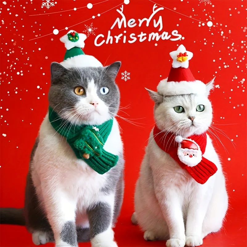 Christmas Pet Scarf, Cat Dog Wool Thread Scarf, Cartoon Snowman Elk Warm Plush Cat Knitted Scarf Christmas Gift for Pets