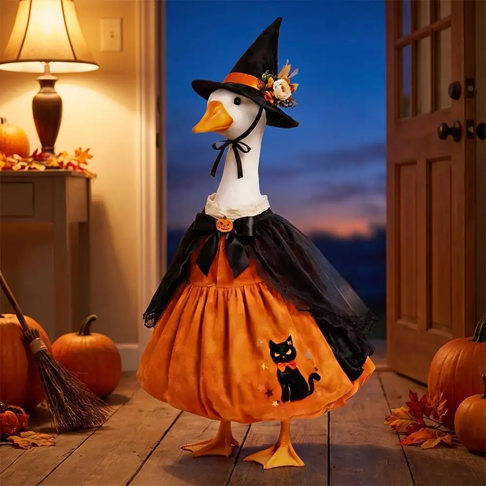 Halloween Goose Witch Costume Dress With Hat Black Cat Pattern Garden Porch Goose Decor Outfit for Party Garden Outdoor Statues