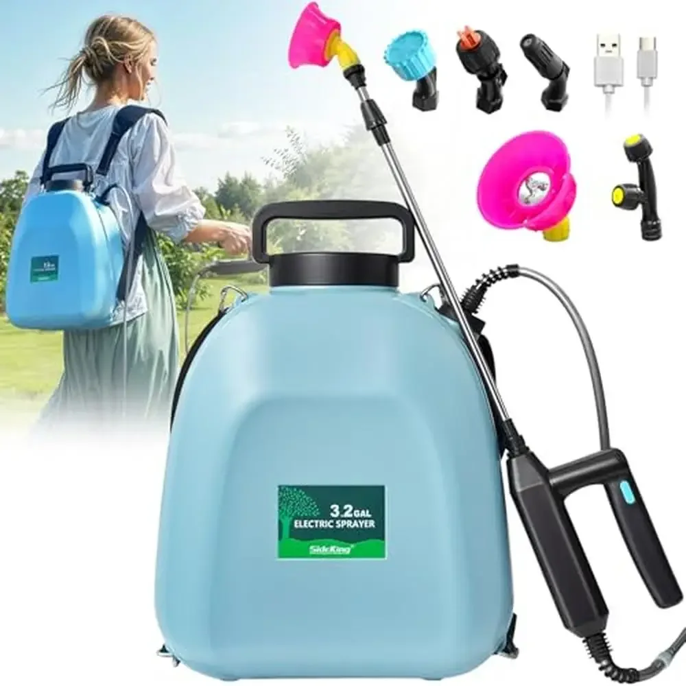 

Garden Battery Powered Sprayer 3.2 Gallon Backpack with USB Handle 5 Nozzles Telescopic Wand