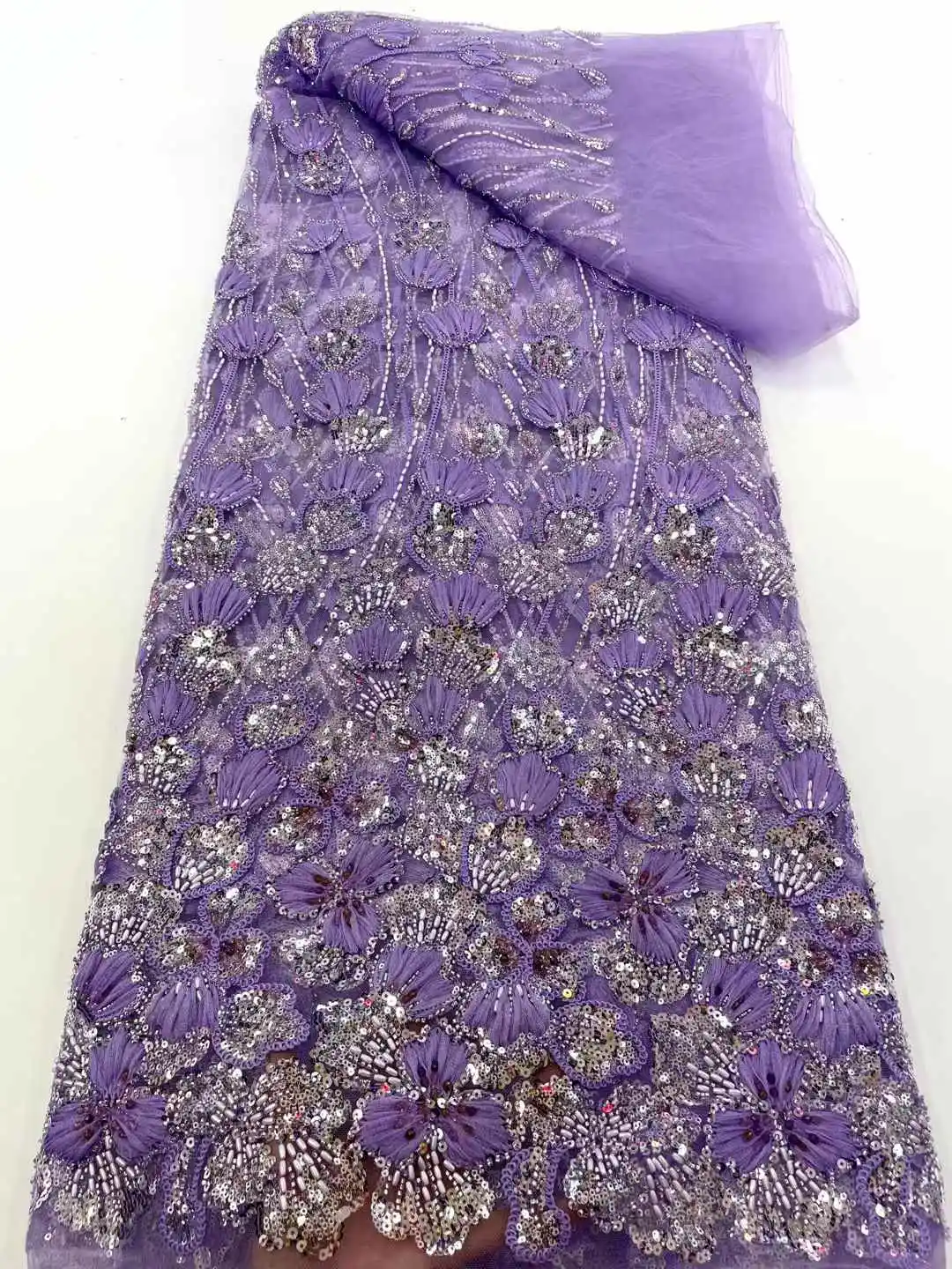 

Latest African French Sequins Lace Fabrics High Quality 3D Tulle Lace 5 Yards Nigerian Embroidered Lace For Material Party Dress