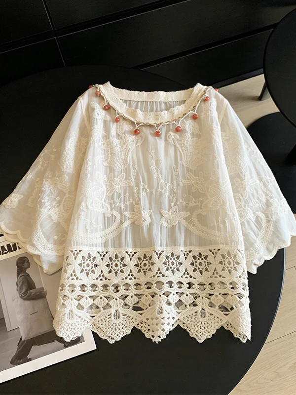 

plus Size Lace Chiffon Design Beaded Women's Shirt Summer Fashionable Top Cover Belly Korean Style Loose Fit Breathable Skin-...