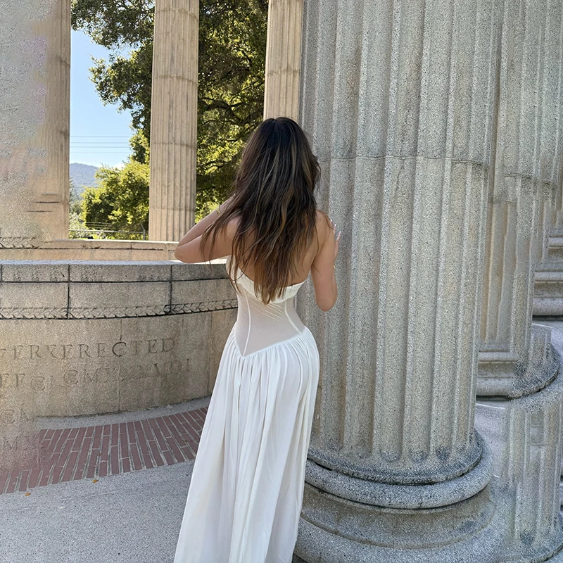 Sexy Fashionable High Waist Long Skirt Dress with Mesh Splice European And American Cross Border Hanging Neck Design