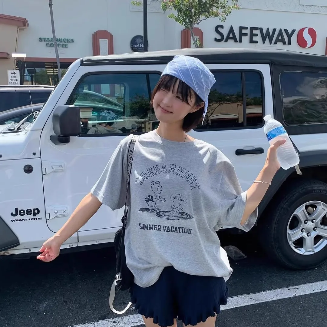Summer 2025 Women's round Ne ort Sve T-irt Letter Print Loose Fit Cotton Casual Comfortable Top for Commuting