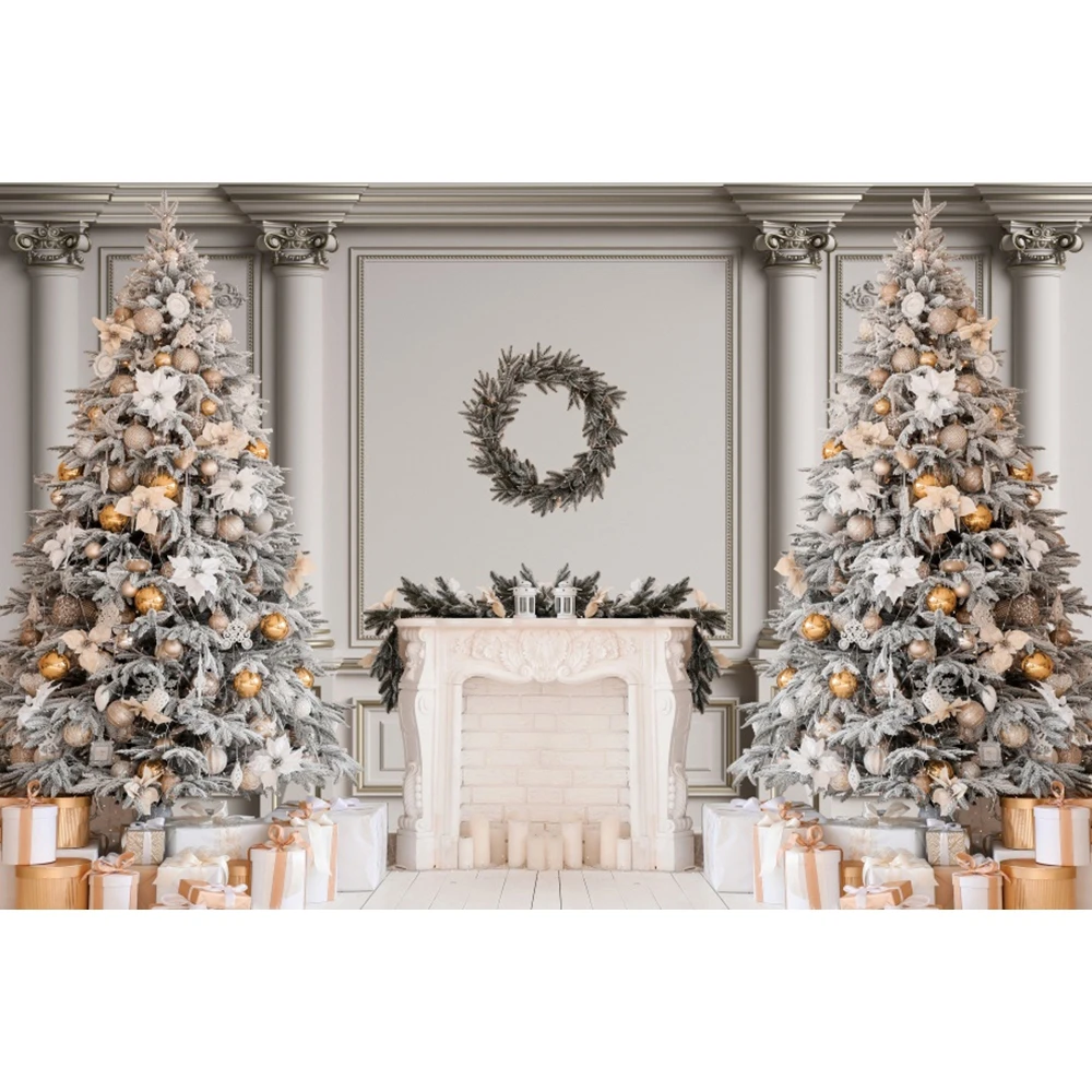 Latar belakang Natal putih, perapian pohon Natal ruang Interior Selamat Natal musim dingin keluarga anak-anak potret latar belakang fotografi