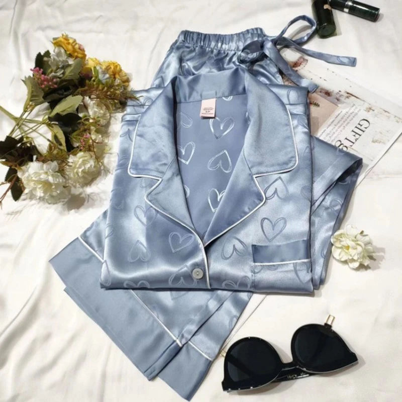 Autumn and winter pyjamas home two-piece cardigan lapel student long sleeve trousers silk pyjamas female love blue love powder