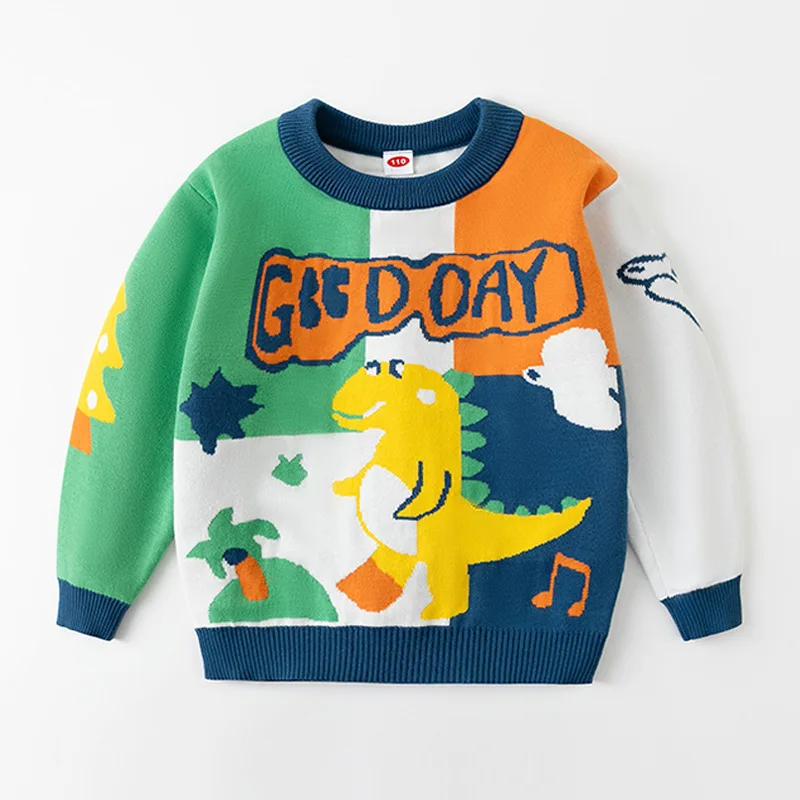

2025 New Autumn and Winter Clothing Children's Cartoon Dinosaur Pattern Pullover Knitted Sweater
