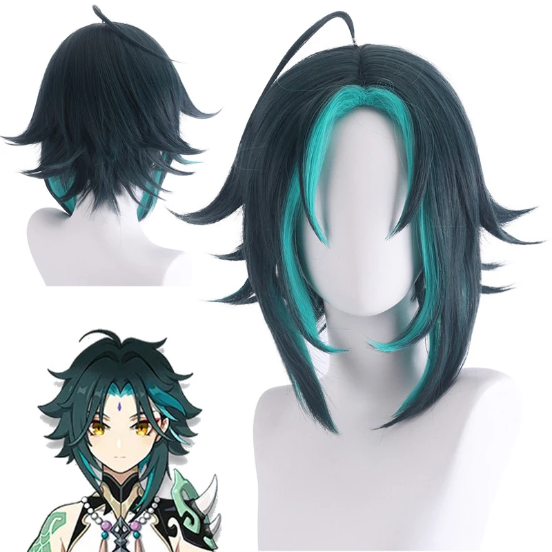 Anime Genshin Impact Xiao Cos Wigs Cosplay Costumes Headwear 40cm Long Simulation Scalp Thick Mixed Puffy Long Hair Wigs