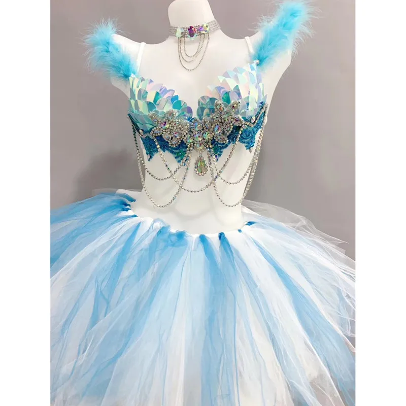 

Bar Nightclub Sexy Club Party Stage Dance Costume Sky Blue Scale Sequins Crystal Bikini Gauze Tutu Skirt Music Festival Clothing