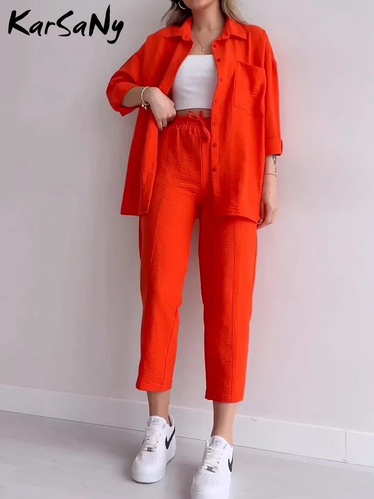 Long Solid Color Sleeved Shirt 2024 New Spring Women\'s Fashion Suit New Two Piece Set Pants Sets Loose Women\'s Suit Pants Sets