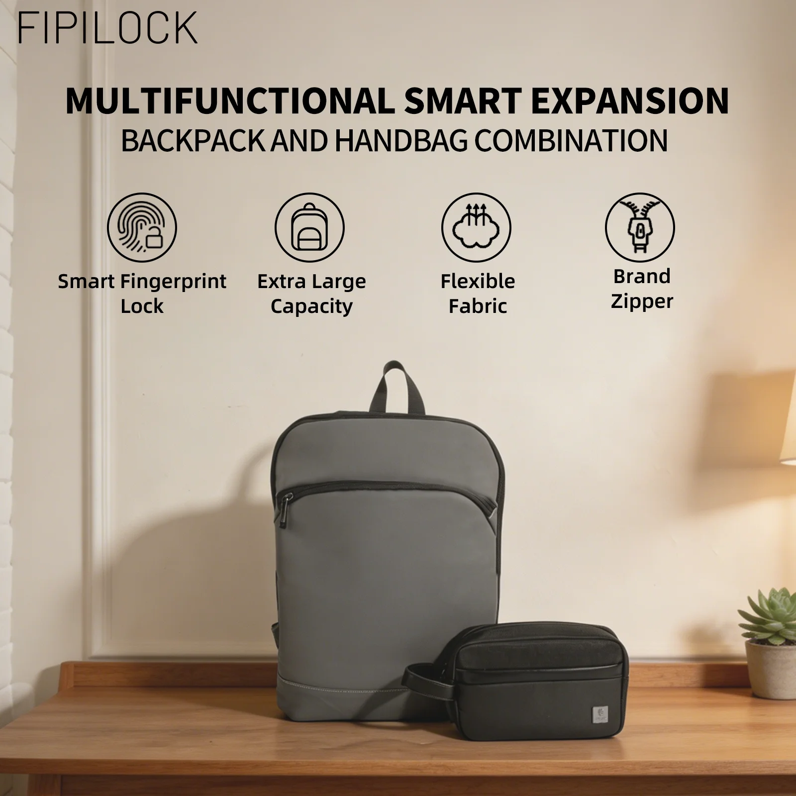 2PC FIPILOCK Women'S Backpack Bag and Men's Casual Handbag Tote Bag with Smart Fingerprint Unlock Computer bag Trendy handbag