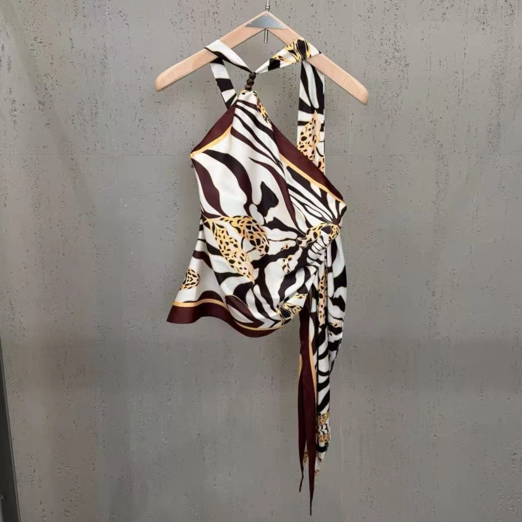 

2026 Summer Retro Leopard & Zebra Print One-shoulder Silk Scarf Top - Designer Ribbon Detail, Premium Satin Tank for Women