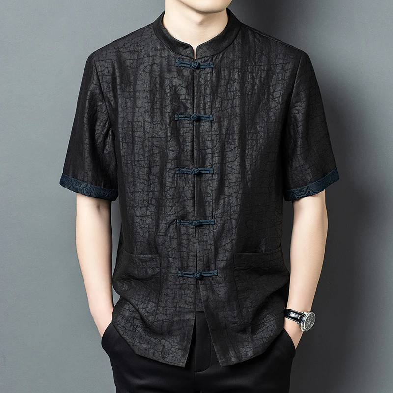 Frog Button Tang Costume Shirts For Men Short Sleeve Silk 100% Summer Quality Skin-Friendly Coolness Loose Fit Camisas De Hombre