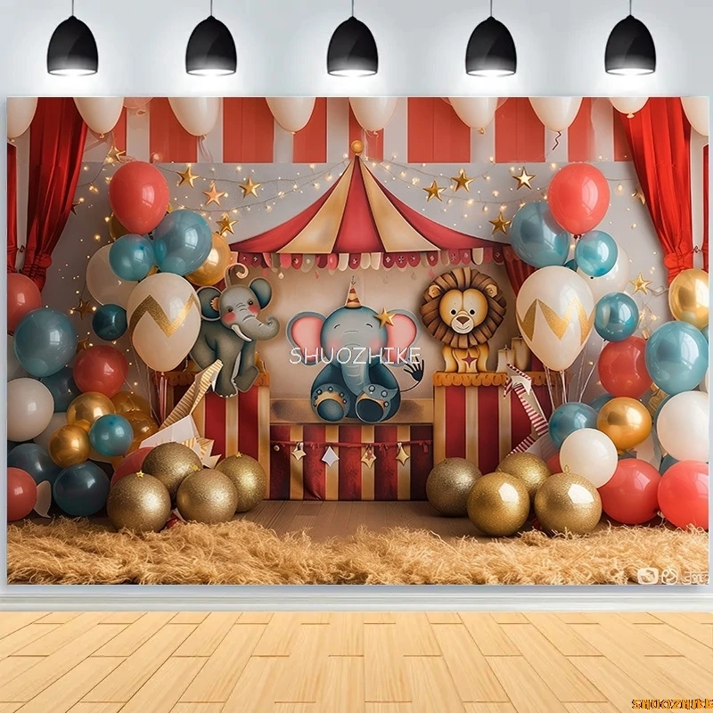 Circus Tent With Striped Canopy Photography Backdrops Balloons Birthday Party Decor Animal Clown Photo Studio Background SD-01