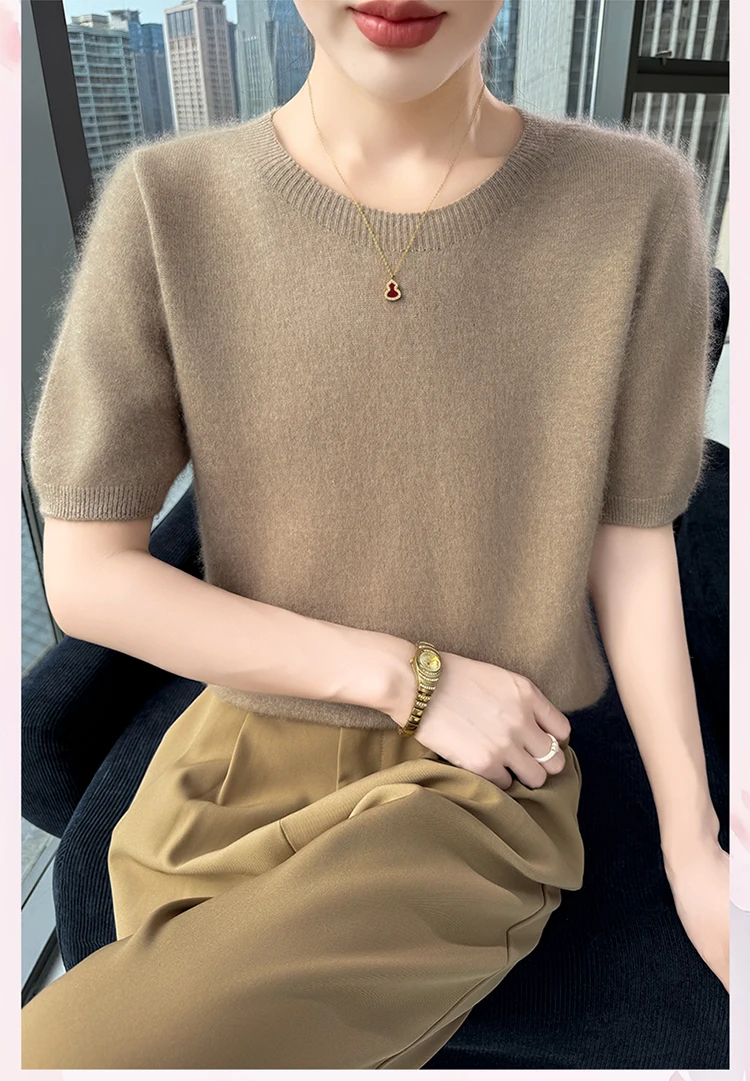 Neuer gestrickter Damen-Pullover aus 100 % Nerz-Kaschmir mit kurzen Ärmeln, einfacher und vielseitiger Damen-Pullover mit O-Ausschnitt der Marke FRSEUCAG – Detail 2